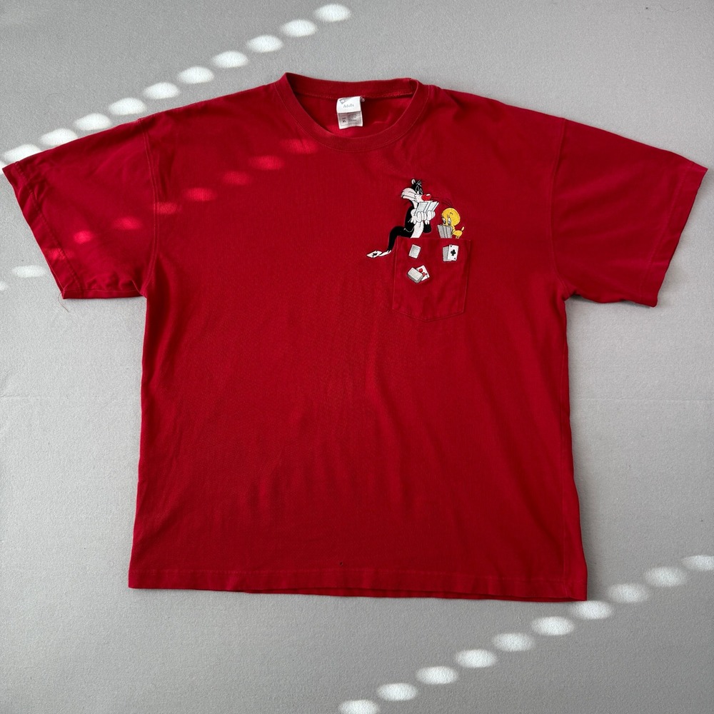 Looney Tunes T-Shirt Mens XL Red Tweety Sylvester Embroidered Pocket Vintage 90s